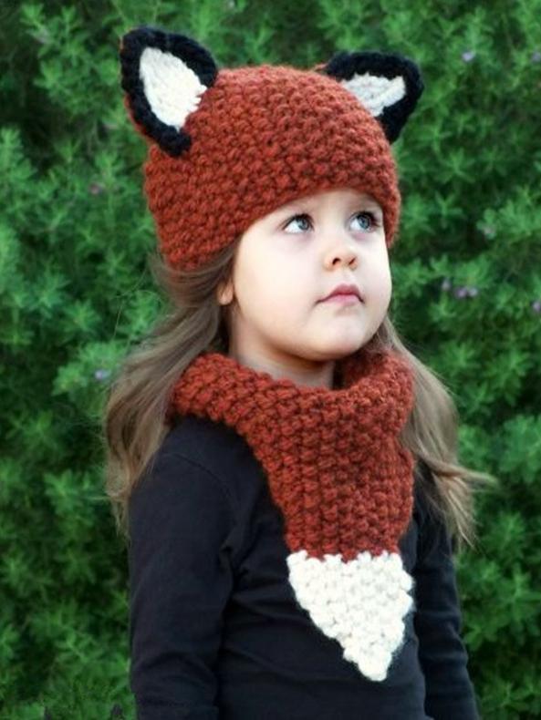 Autumn And Winter Cartoon Children Knit Hat Fox Bib Hat Suit