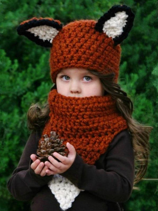 Autumn And Winter Cartoon Children Knit Hat Fox Bib Hat Suit