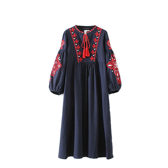 New ethnic style long sleeved mid length dress with embroidered lace up loose A-line lantern sleeve dress