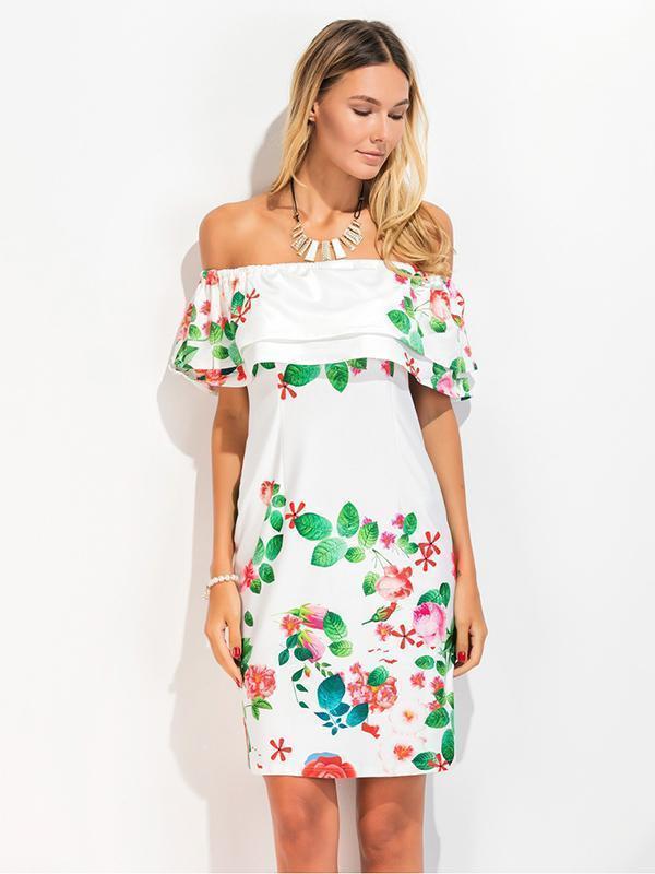 Printed Falbala Off Shoulder Midi Dress