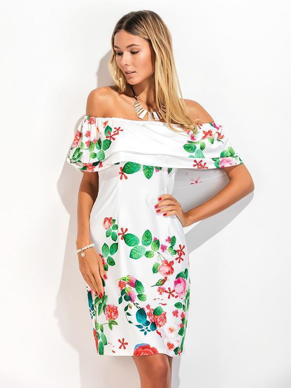 Printed Falbala Off Shoulder Midi Dress