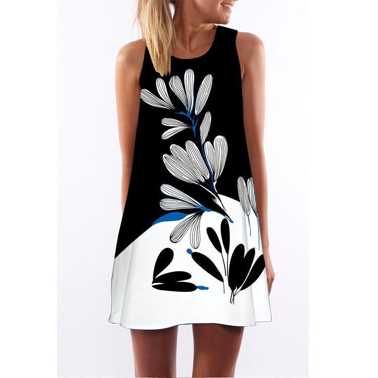 Printed Round Neck Sleeveless Petal Mini Dress
