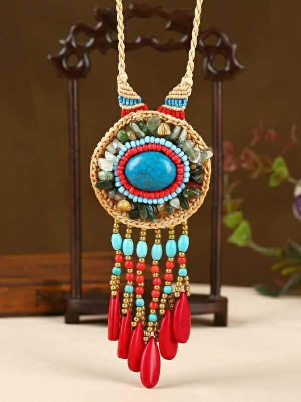 Hand-woven Folk Style Tibet Turquoise Spike Long Necklace