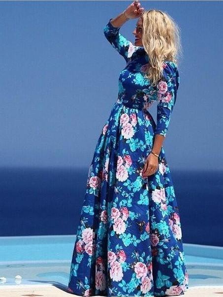 Romantic Blue Flower 3/4 Sleeve Boat Neck Maxi Dress