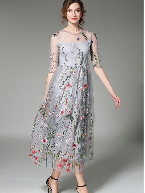 Pretty Floral Lace Half Sleeve Round Neck Maxi Dress