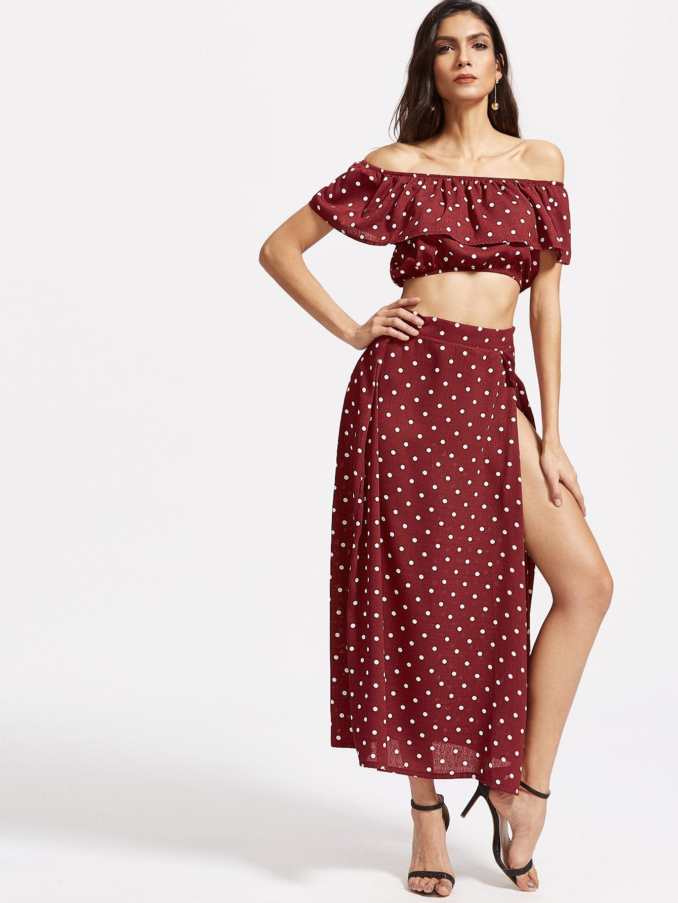 Vintage Dot Off Shoulder Red Split Dress