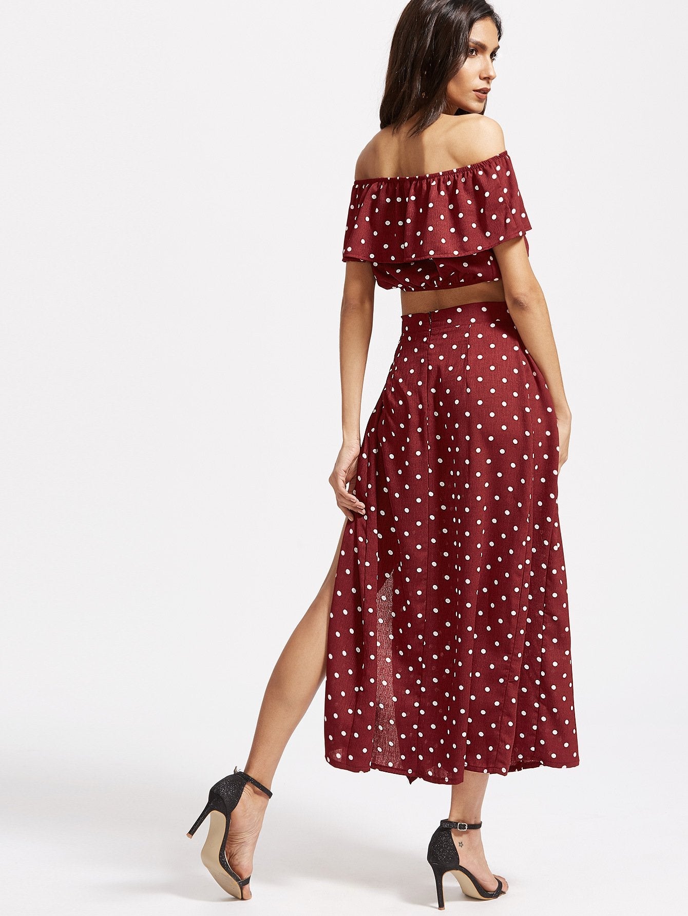 Vintage Dot Off Shoulder Red Split Dress