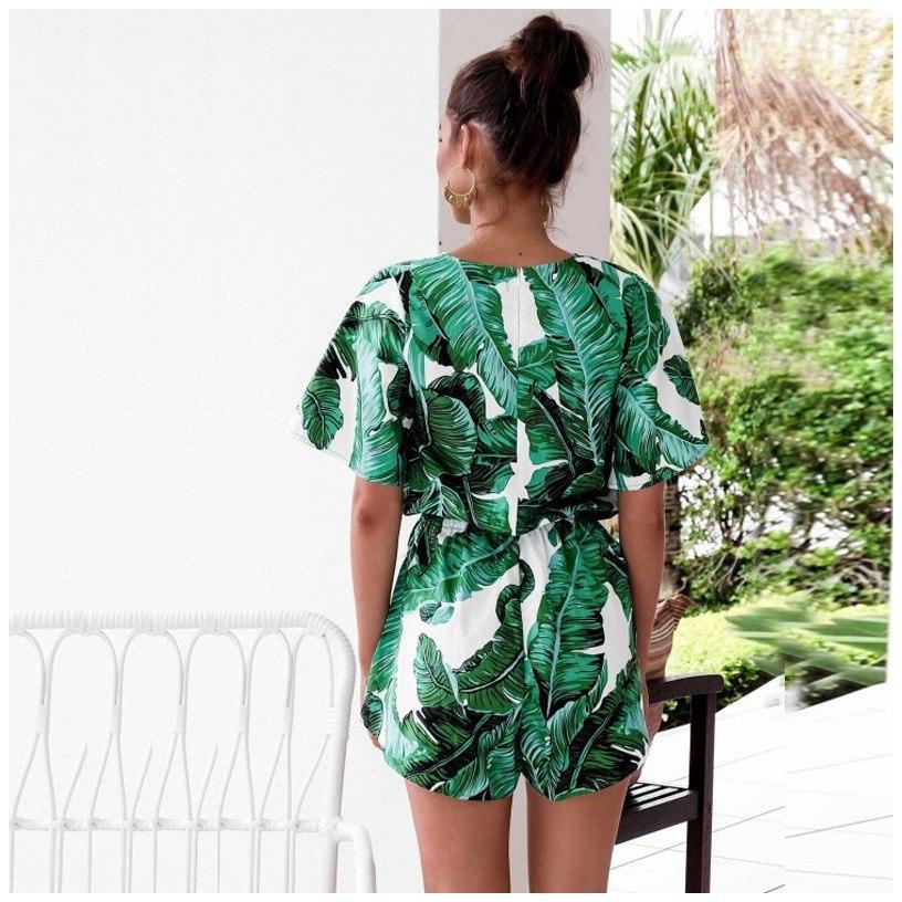 Green Leaves Tropical Floral Sleeves Fringes Bohemia Jumpsuit