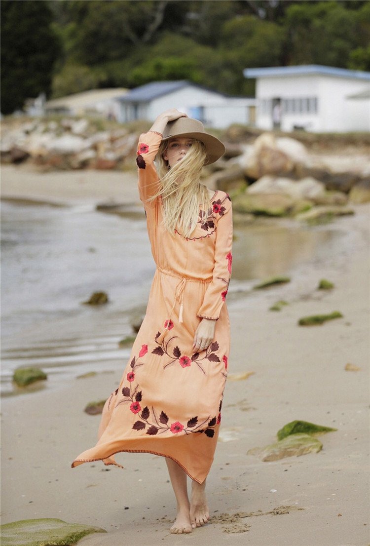 Floral Long Sleeve Split Beach Maxi Dress