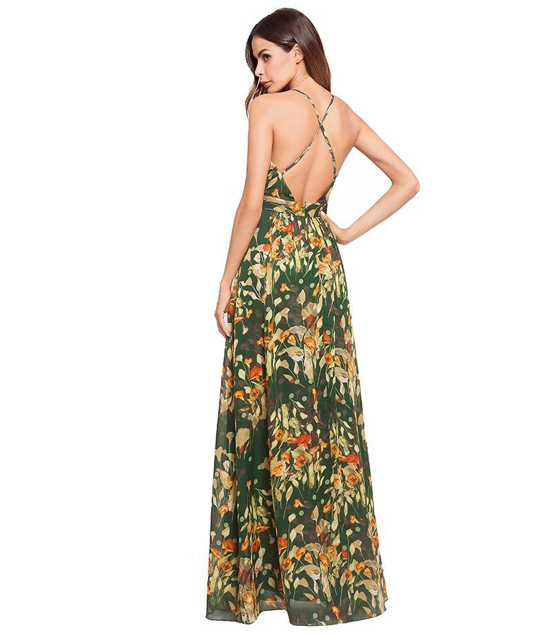 2018 Summer Spaghetti Strap Print Backless Maxi Dress