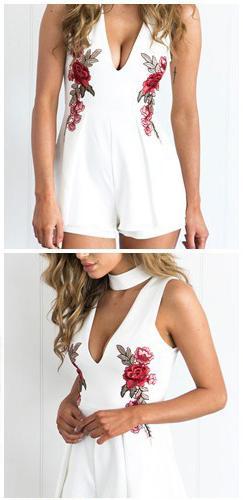 2018 New Halter V Neck Rose Embroidered Rompers