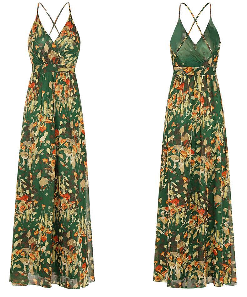 2018 Summer Spaghetti Strap Print Backless Maxi Dress