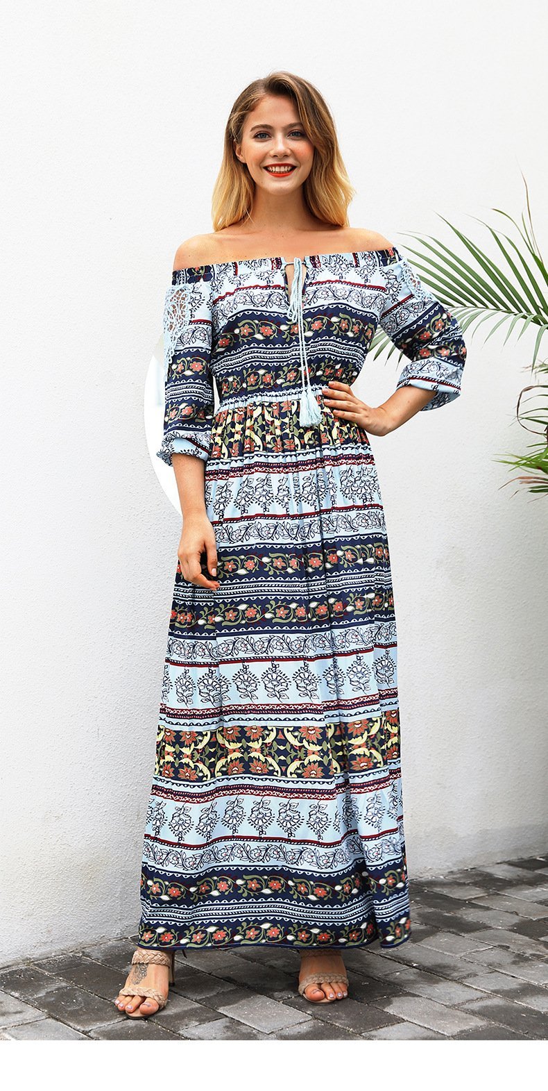 Print Off Shoulder Beach Bohemia Maxi Long Dress