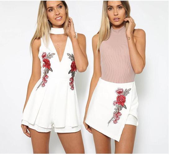 2018 New Halter V Neck Rose Embroidered Rompers