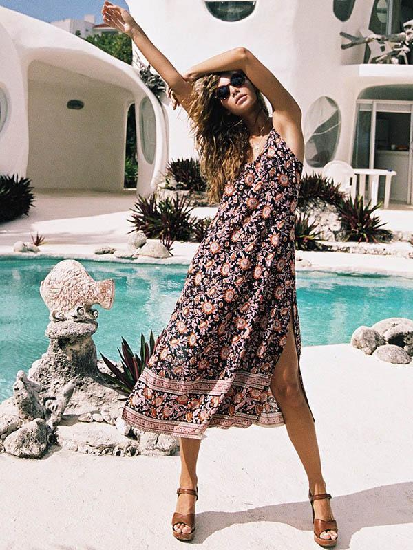 Print Spaghetti Strap Beach Boho Dress