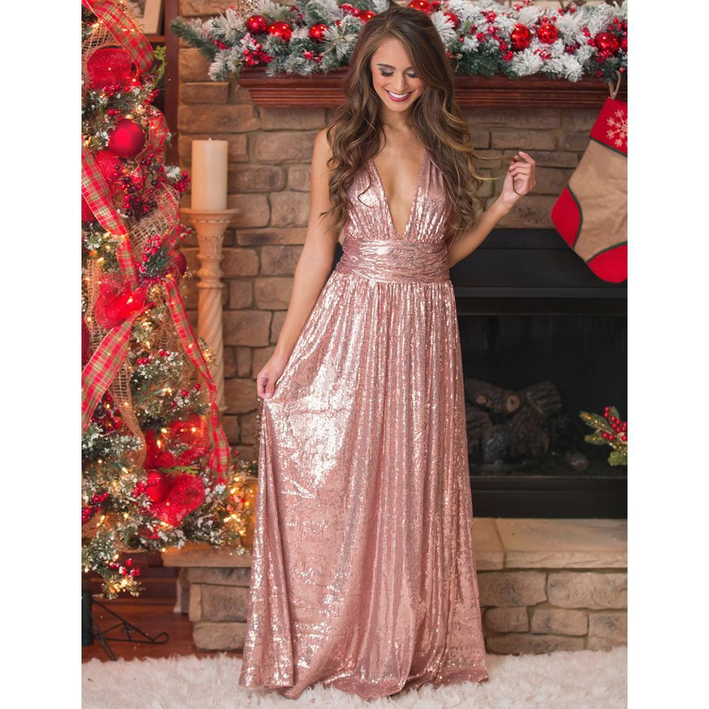 Sexy Sequin Deep V Neck Back Cross Evening Party Maxi Dress