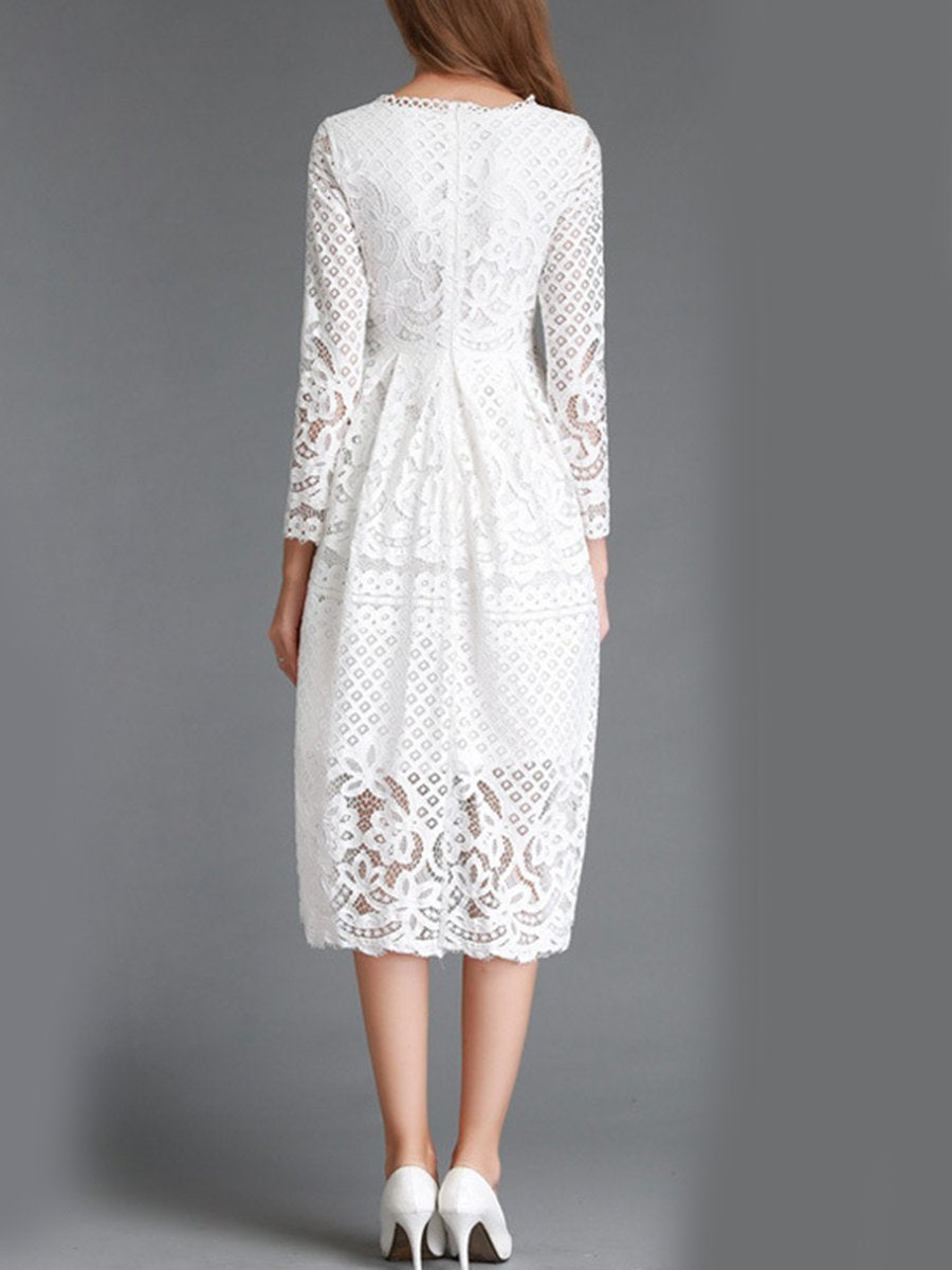 Lace Long Sleeve Hollow Pockets Dress