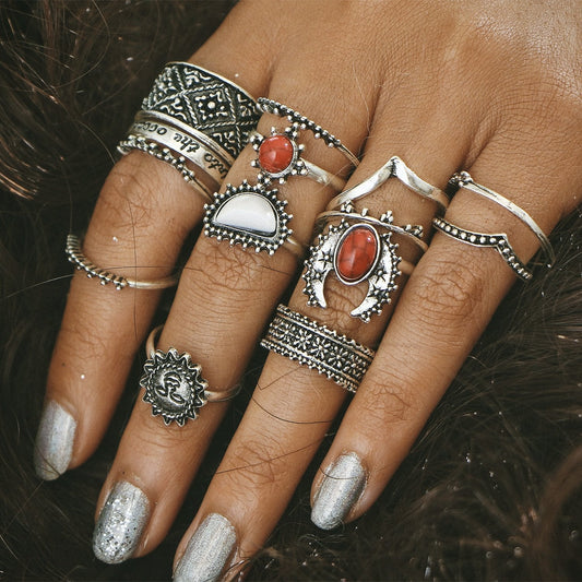 14 pcs Vintage silver carved floral ring red & white turquoise BOHO ring set