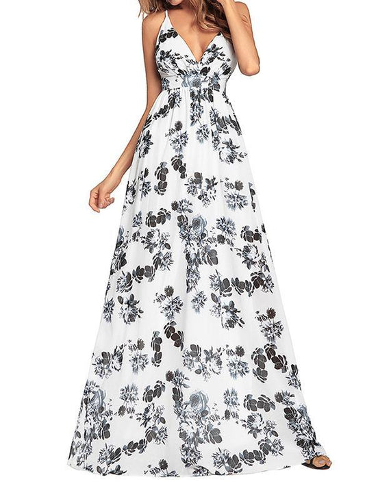 2018 Summer Spaghetti Strap Print Backless Maxi Dress