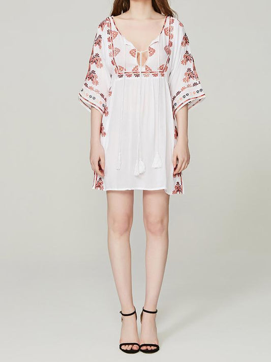 2018 New V Neck Embroidered Tassel Mini Dress