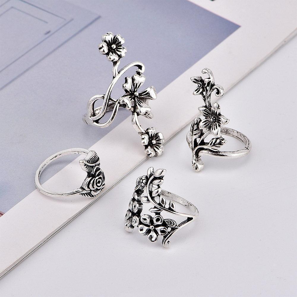 Vintage 4 Pcs Ring Set Bohemian Flower Silver Rings Punk Knuckle Ring Set