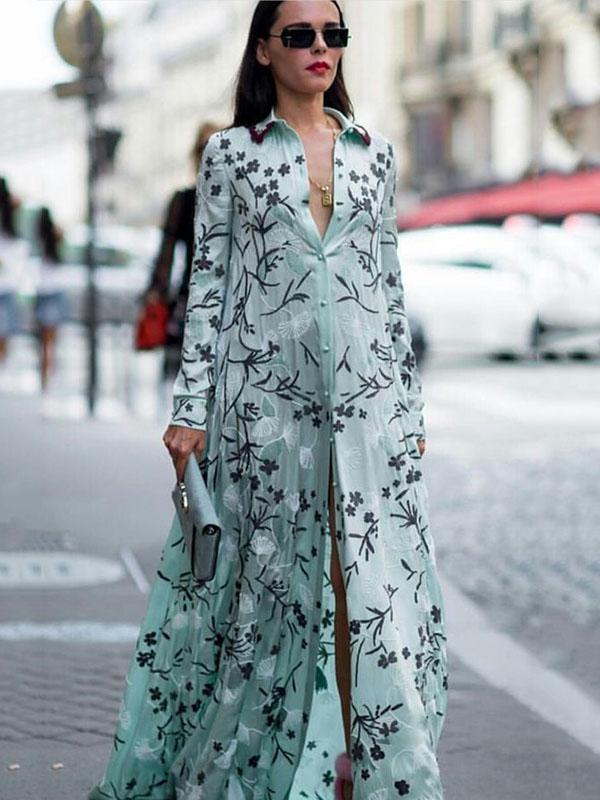 Print Long Sleeve Shirt Dress Boho Maxi Dress