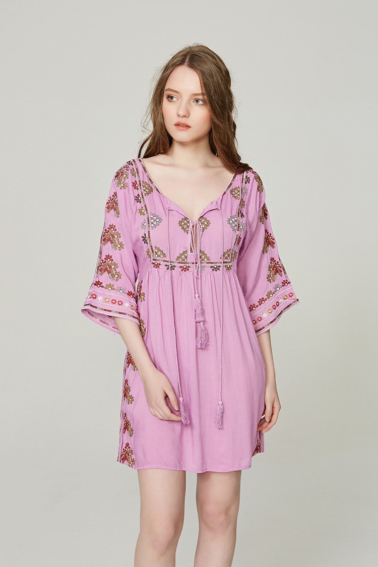 2018 New V Neck Embroidered Tassel Mini Dress