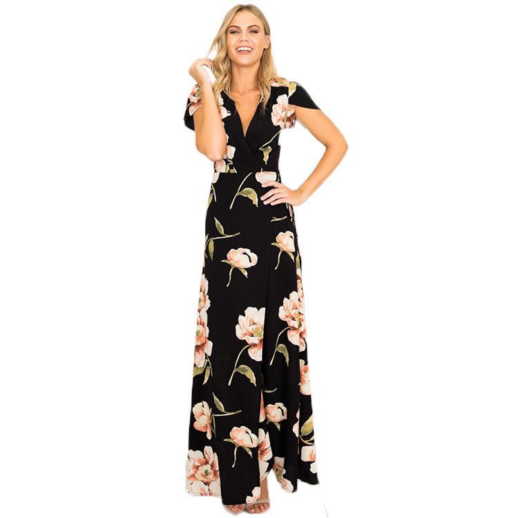 2018 New Floral Print V Neck Split Maxi Dress