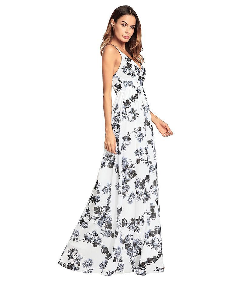 2018 Summer Spaghetti Strap Print Backless Maxi Dress