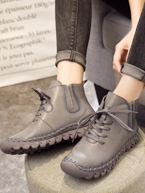 Winter Solid Color Genuine leather Booties