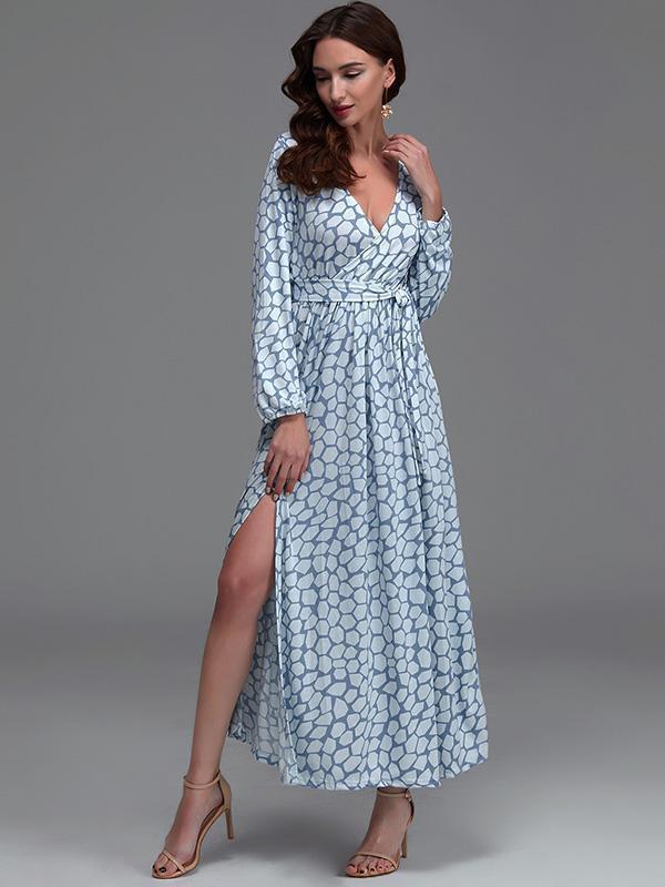 Print V Neck Belted Split Beach Maxi Dress