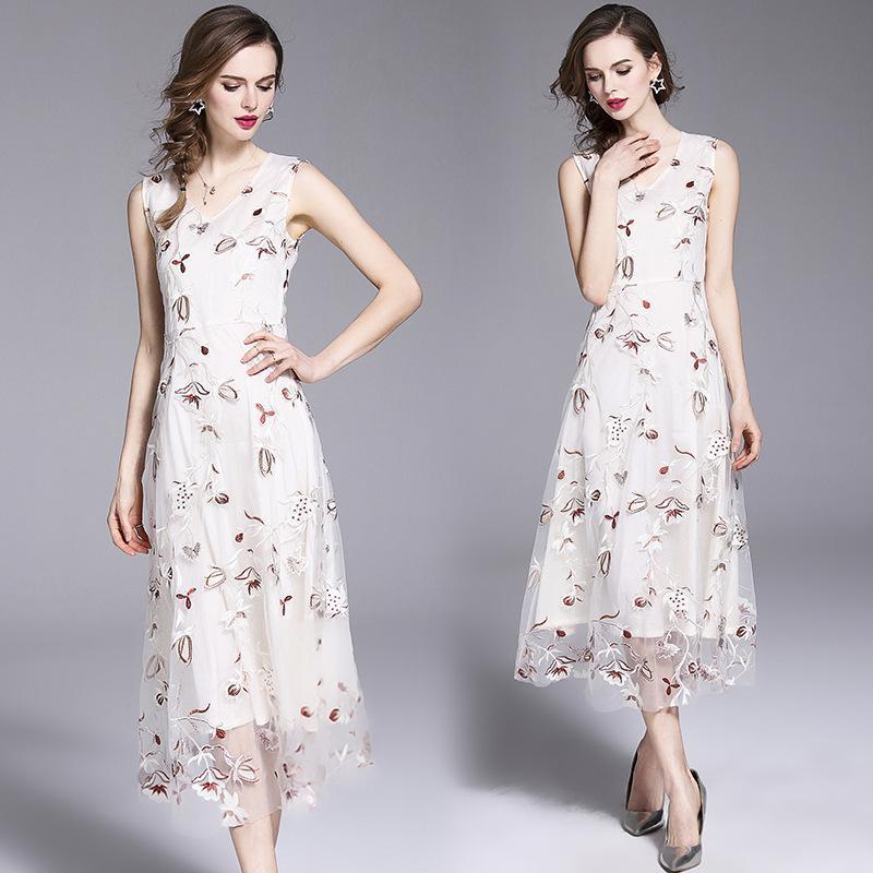 Embroidered Sleeveless V Neck Elegant Dress