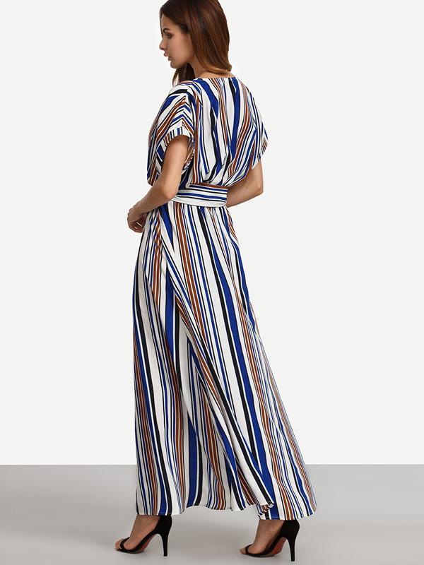 Elegant Stripe V Neck Short Sleeve Split Belted Maxi Dress