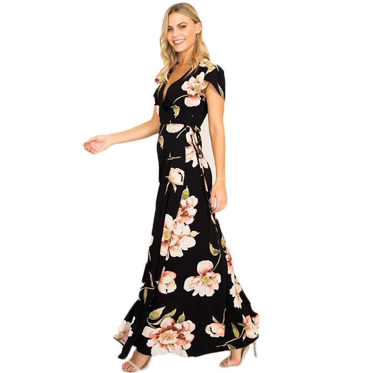 2018 New Floral Print V Neck Split Maxi Dress