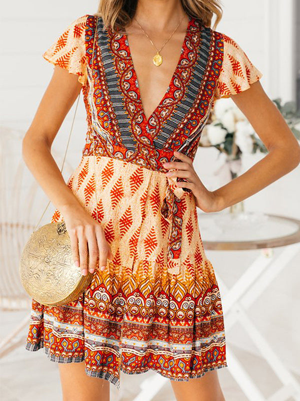 Bohemian Floral Pinrt Deep V-neck Summer Mini Dress