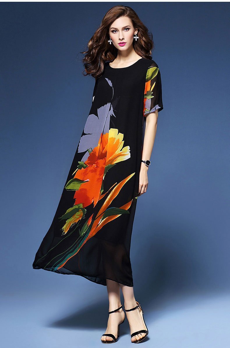 Flower Short Sleeve Plus Size Casual Maxi Dress