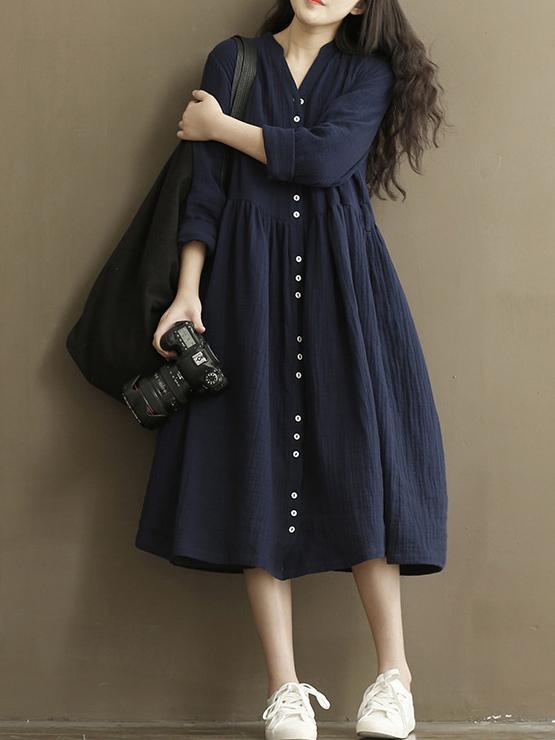 Vintage Button Linen Cotton Long Sleeve Midi Dress