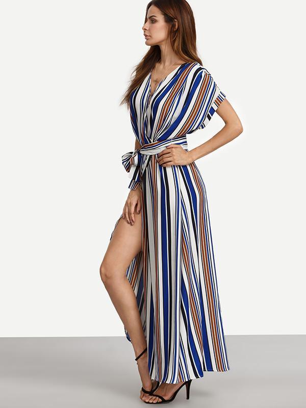 Elegant Stripe V Neck Short Sleeve Split Belted Maxi Dress