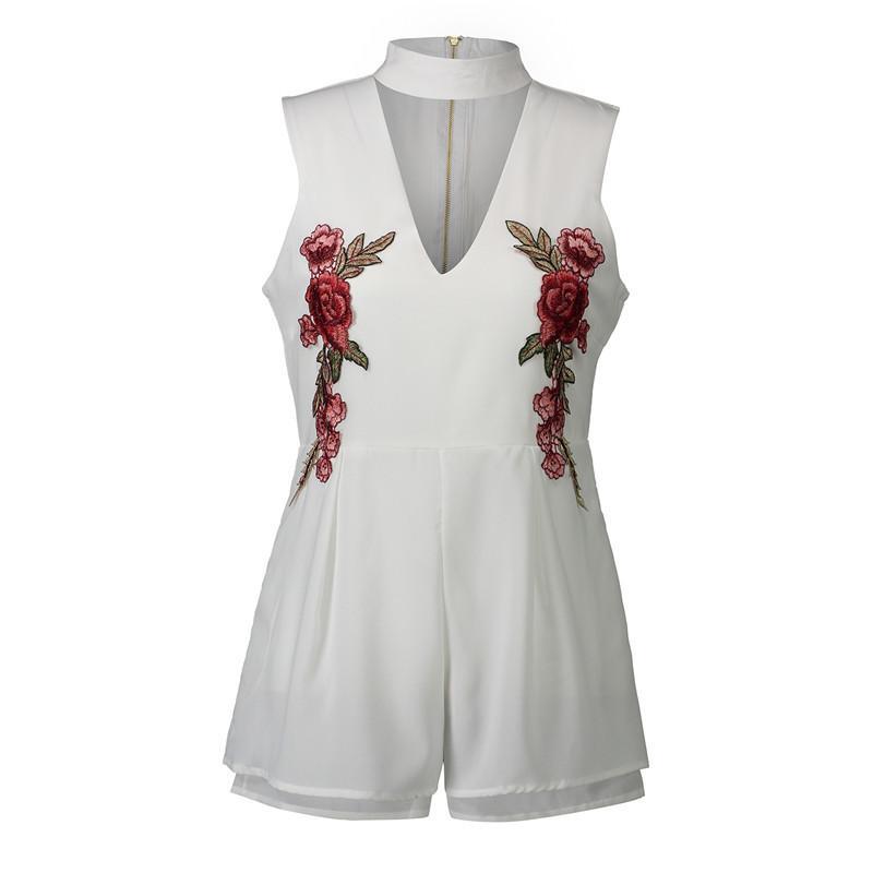 2018 New Halter V Neck Rose Embroidered Rompers