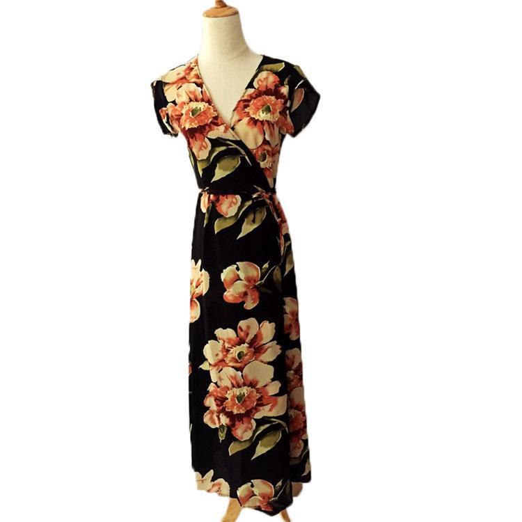 2018 New Floral Print V Neck Split Maxi Dress