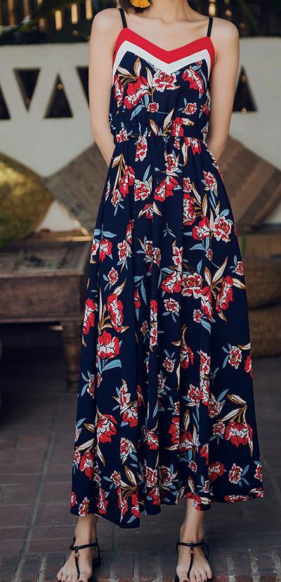 2018 New Spaghetti Strap Printed Bohemia Beach Maxi Dress