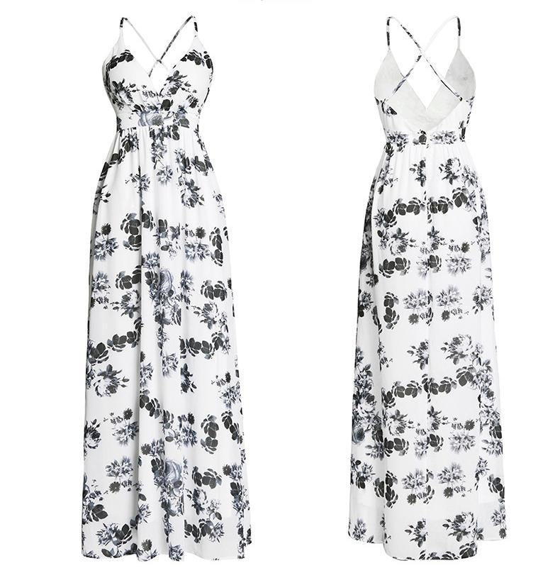 2018 Summer Spaghetti Strap Print Backless Maxi Dress