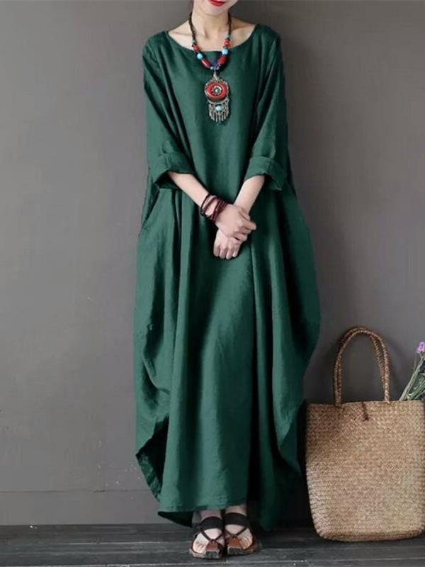 Solid Color Loose Casual Round Neck Maxi Dress