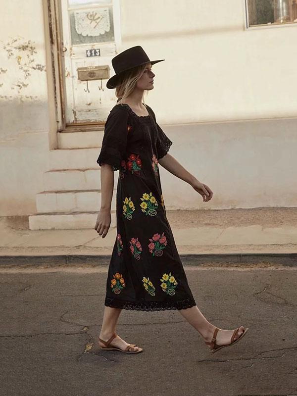 Bohemia Short Sleeve Embroidered Maxi Dress