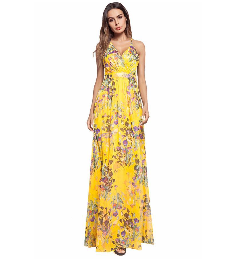 2018 Summer Spaghetti Strap Print Backless Maxi Dress