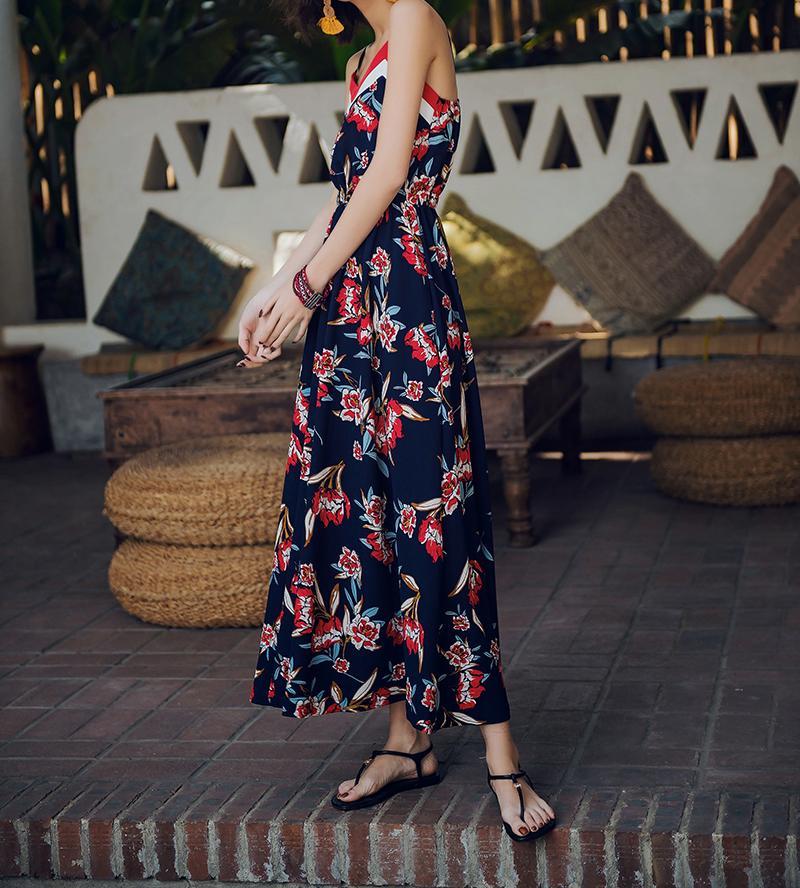 2018 New Spaghetti Strap Printed Bohemia Beach Maxi Dress