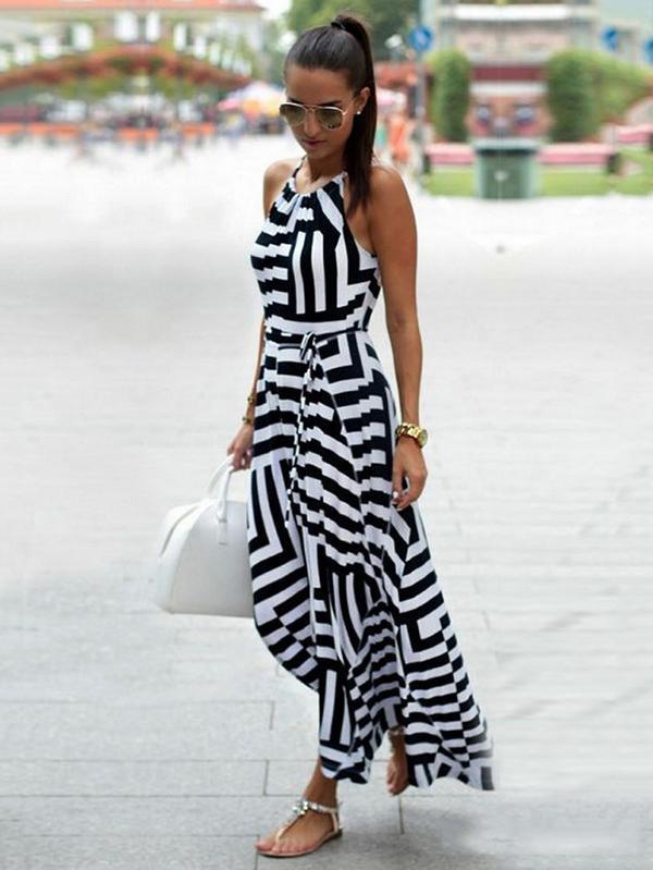 Sexy Stripe Sleeveless Irregular Maxi Dress