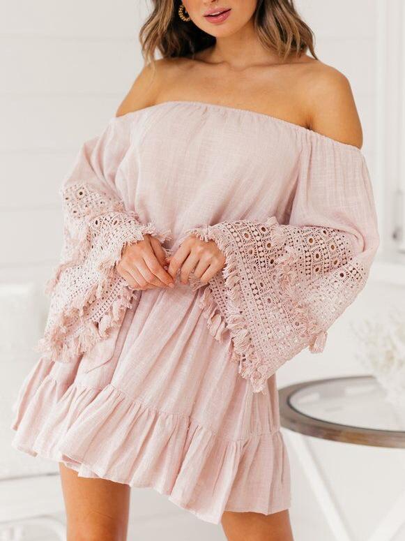 Sexy One-Shoulder Lace Stitching Trumpet Sleeves Off-Shoulder Dress