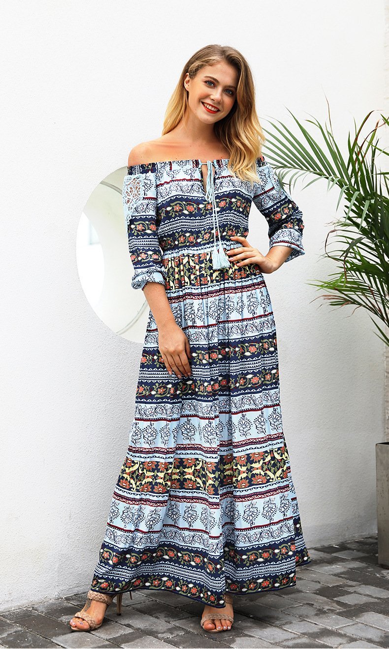 Print Off Shoulder Beach Bohemia Maxi Long Dress