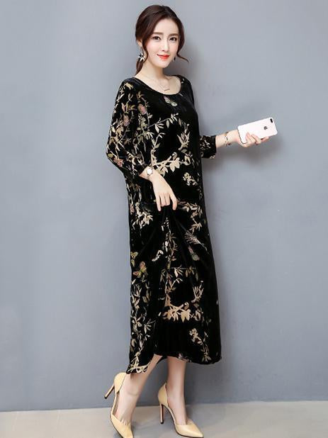 Velvet Print Round Neck Loose Maxi Dress